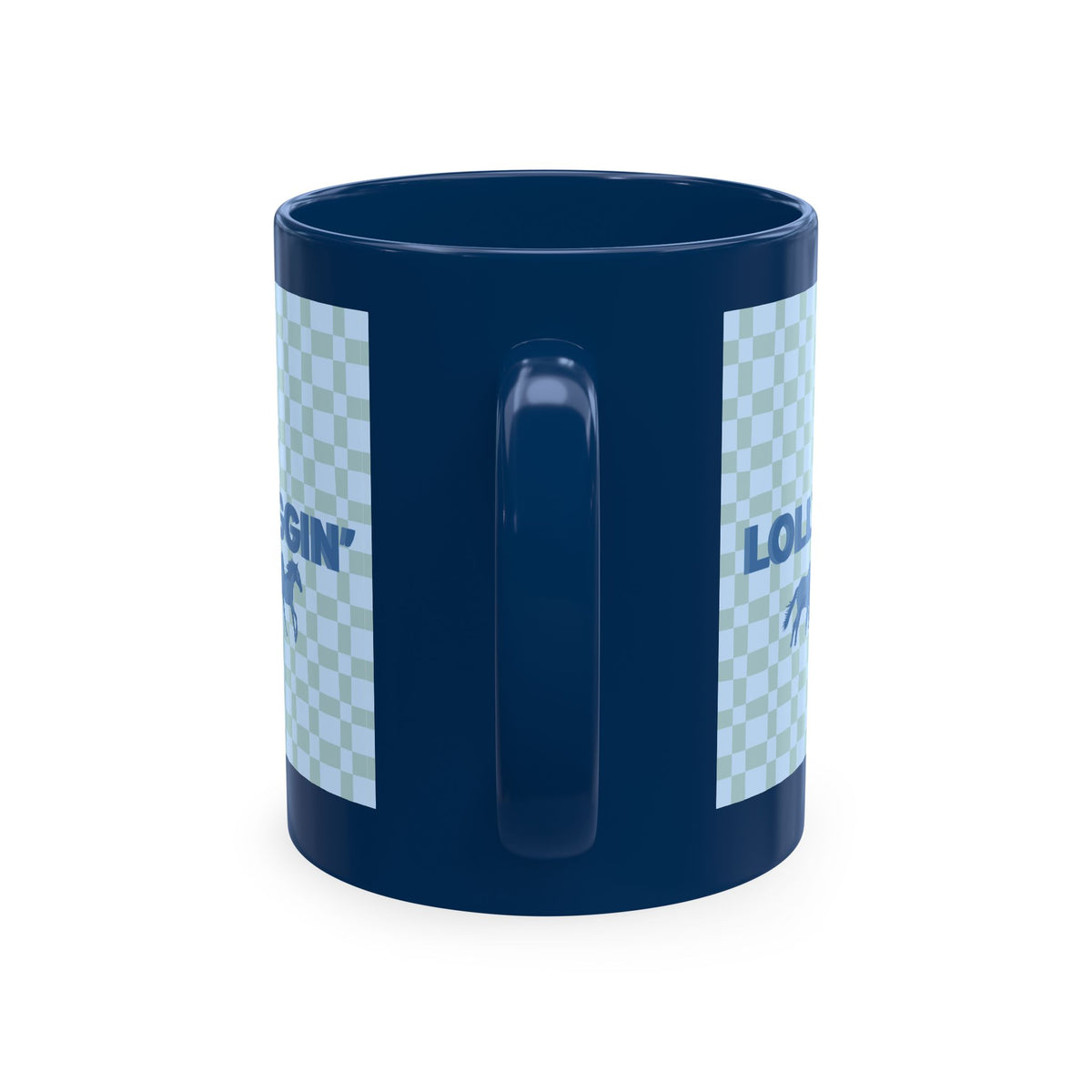 Horse Lover Ceramic Mug - "No Lollygaggin'" Blue Check Horses Design