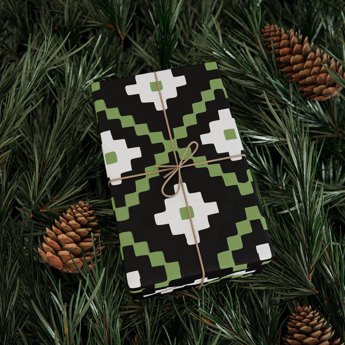 Christmas Stripe Wrapping Paper — BLACK + GREEN + WHITE Stitched Pattern