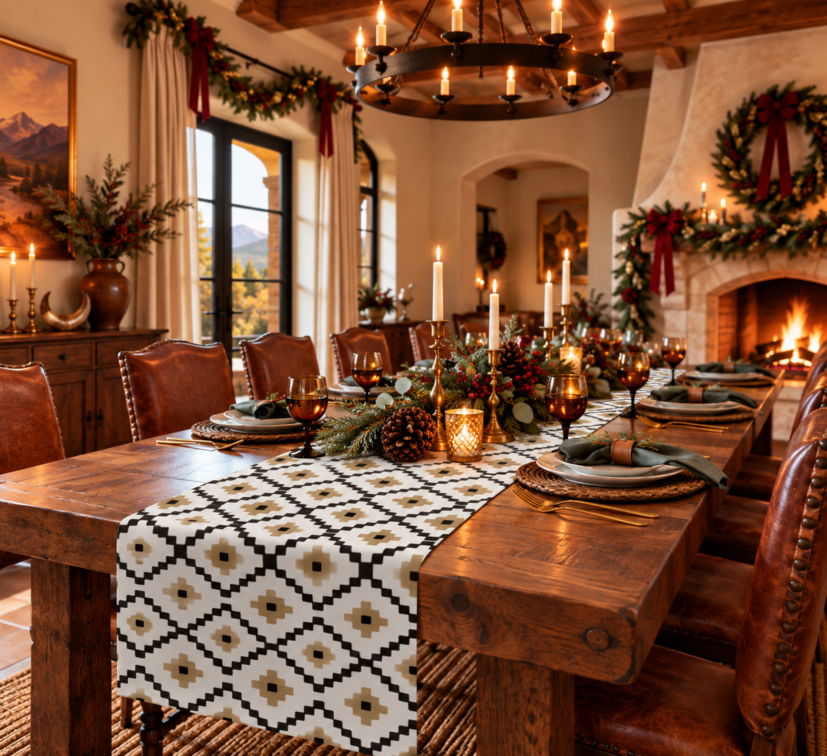 White, Black + Tan Southwest Table Runner