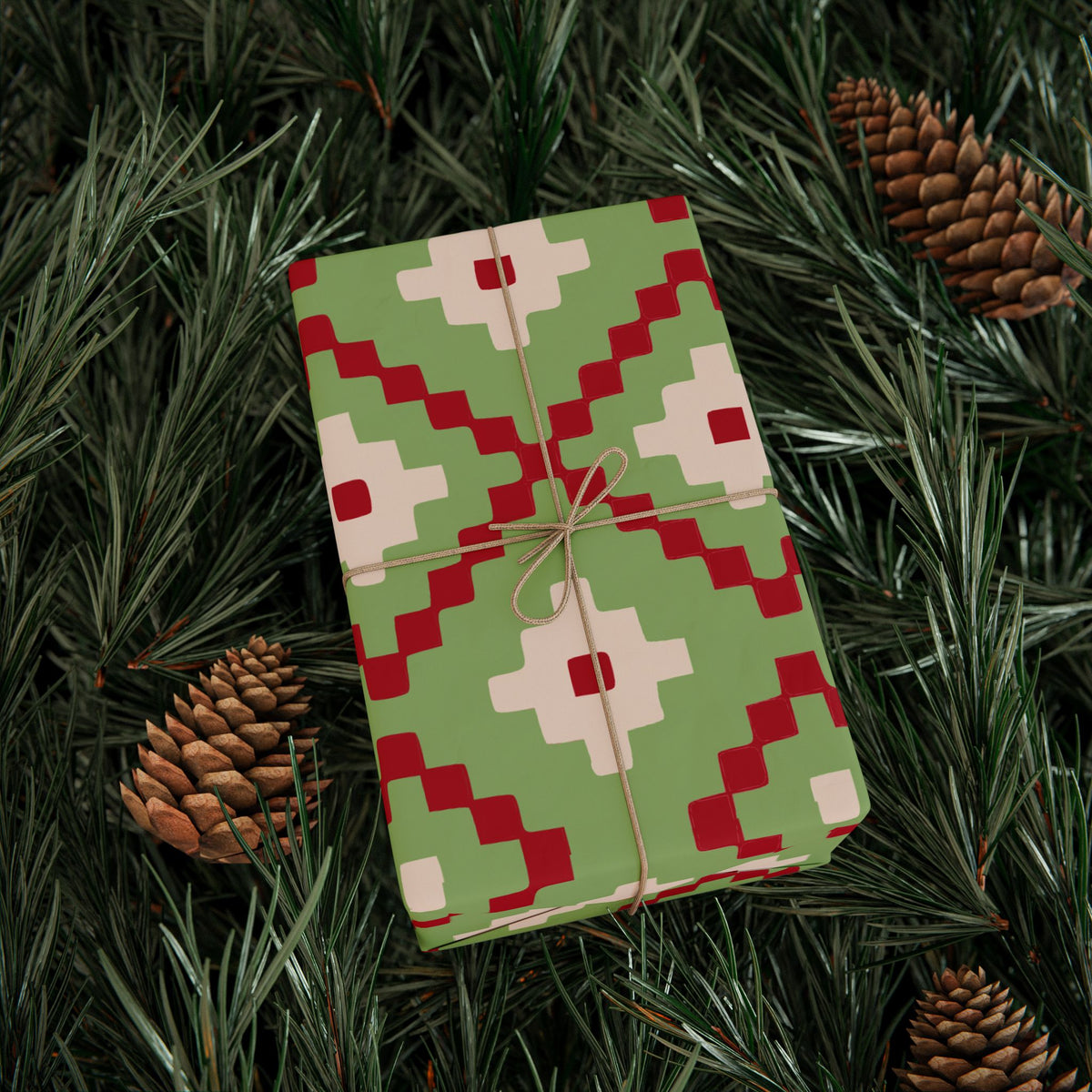 Christmas Stripe Wrapping Paper — GREEN + RED + LIGHT PINK Stitched Pattern