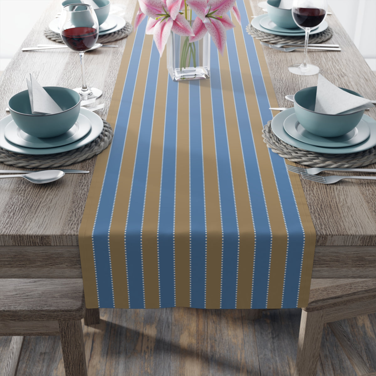Blue & Sand Striped Table Runner – Coastal Farmhouse Cotton-Poly Blend