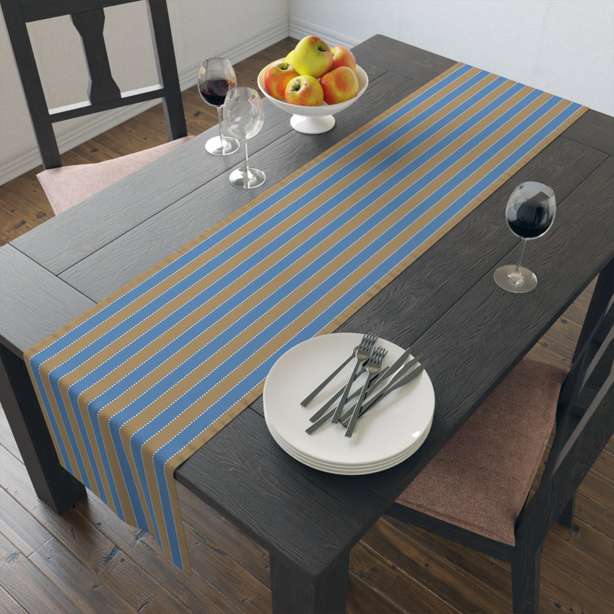 Blue & Sand Striped Table Runner – Coastal Farmhouse Cotton-Poly Blend