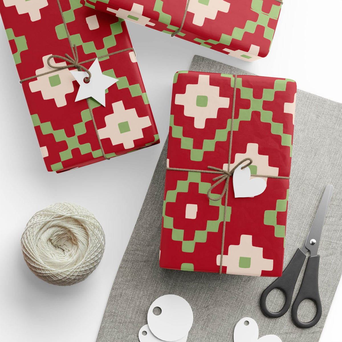 Christmas Stripe Wrapping Paper — RED + GREEN + LIGHT PINK Stitched Pattern