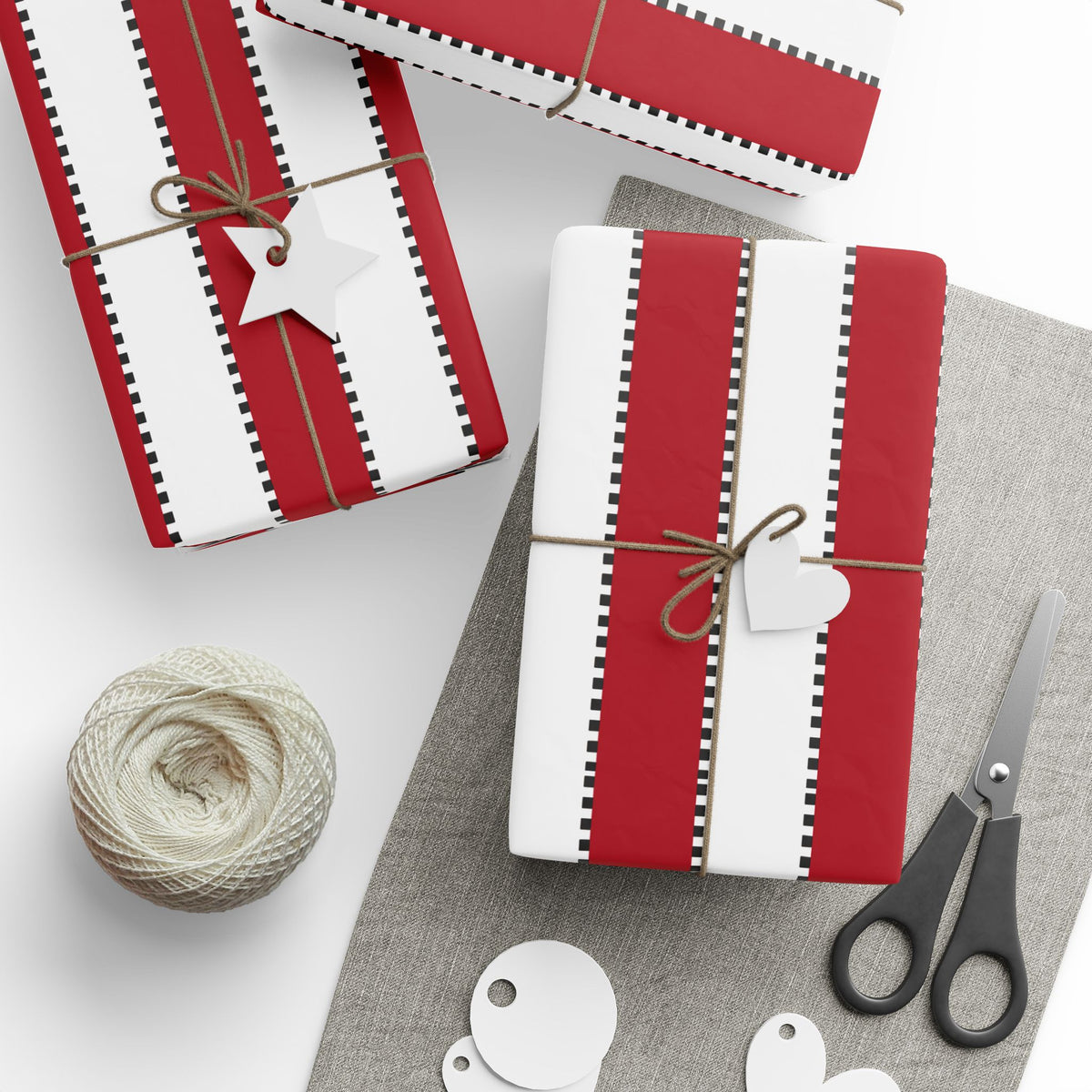 Christmas Stripe Wrapping Paper — WHITE + RED + BLACK Stitched Pattern