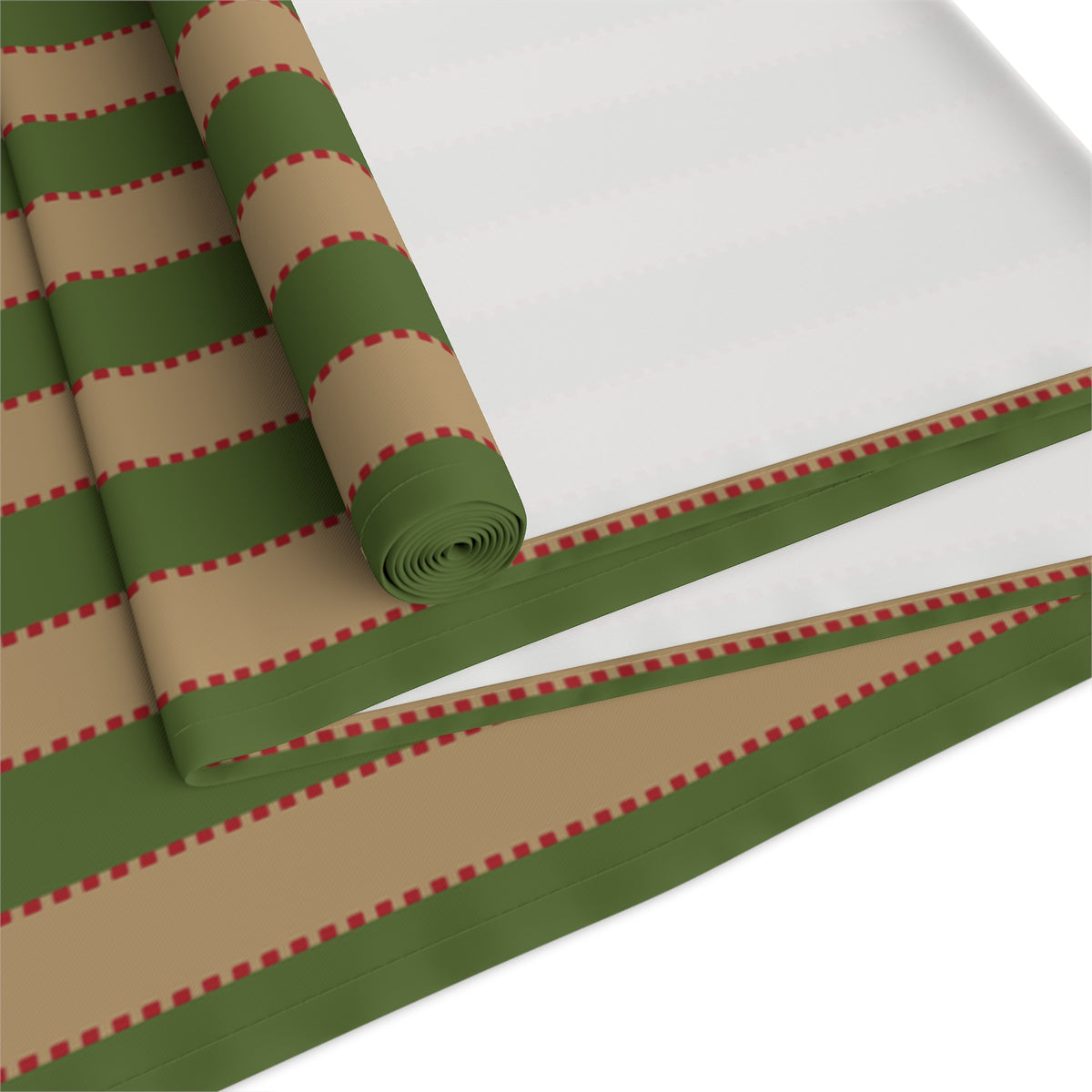 Olive Green, Tan + Red Stripe Table Runner