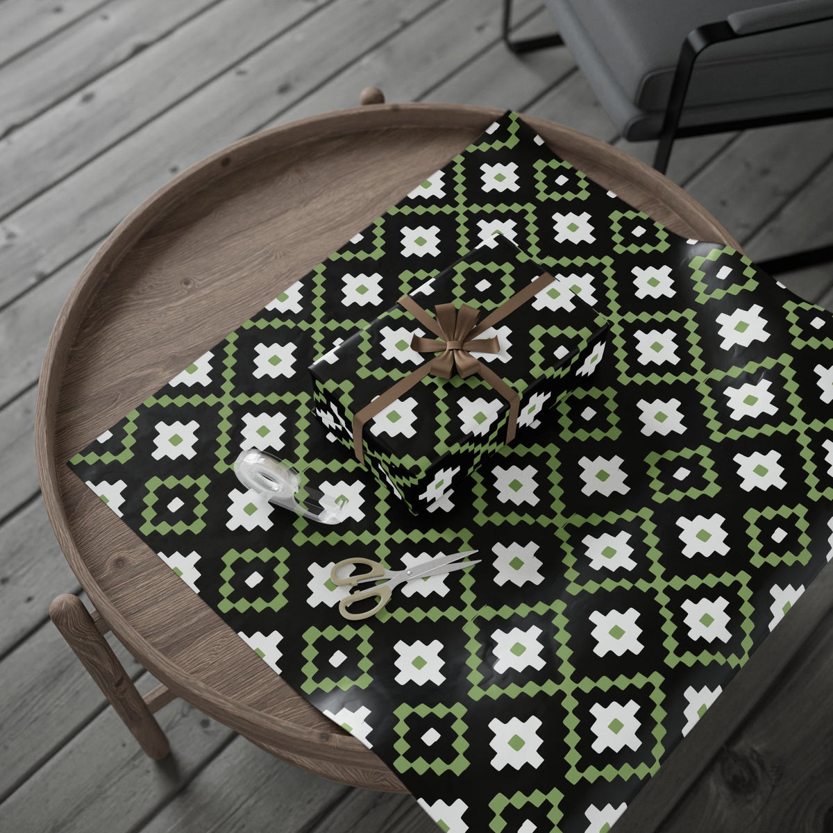 Christmas Stripe Wrapping Paper — BLACK + GREEN + WHITE Stitched Pattern