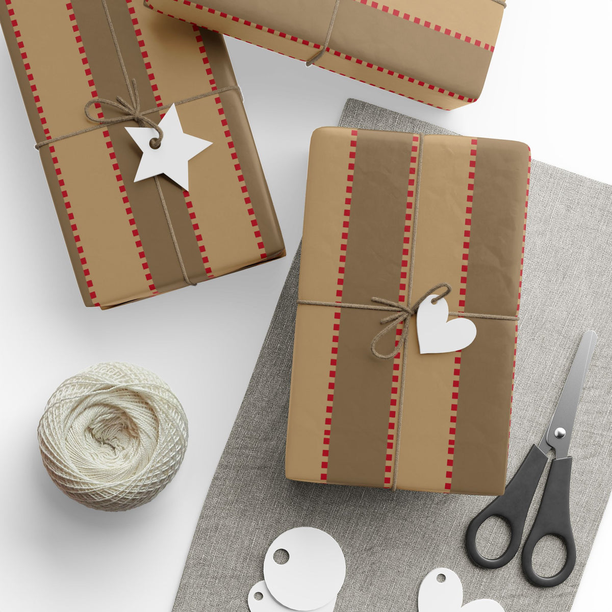 Christmas Stripe Wrapping Paper — TAN + BROWN + RED Stitched Pattern
