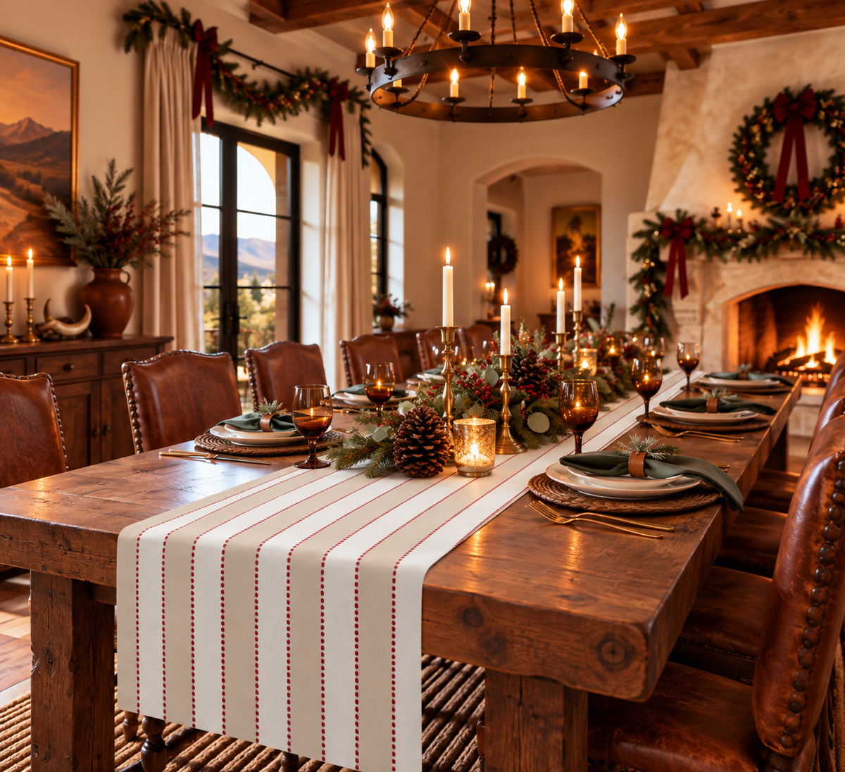 Beige, White + Red Stripe Table Runner