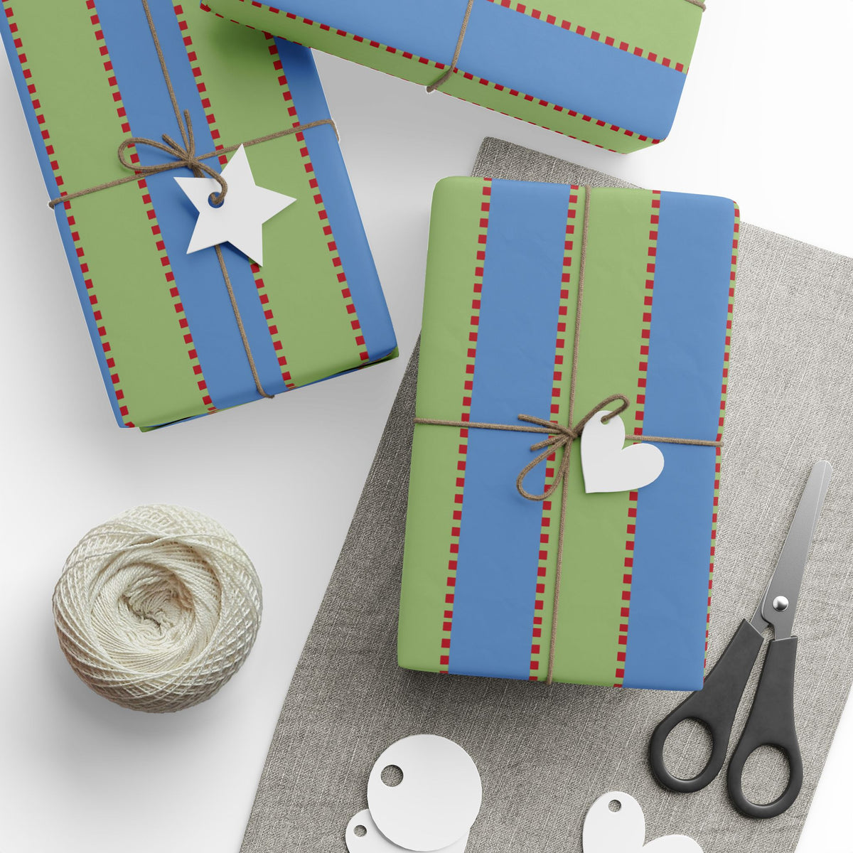 Christmas Stripe Wrapping Paper — BLUE + GREEN + RED Stitched Pattern