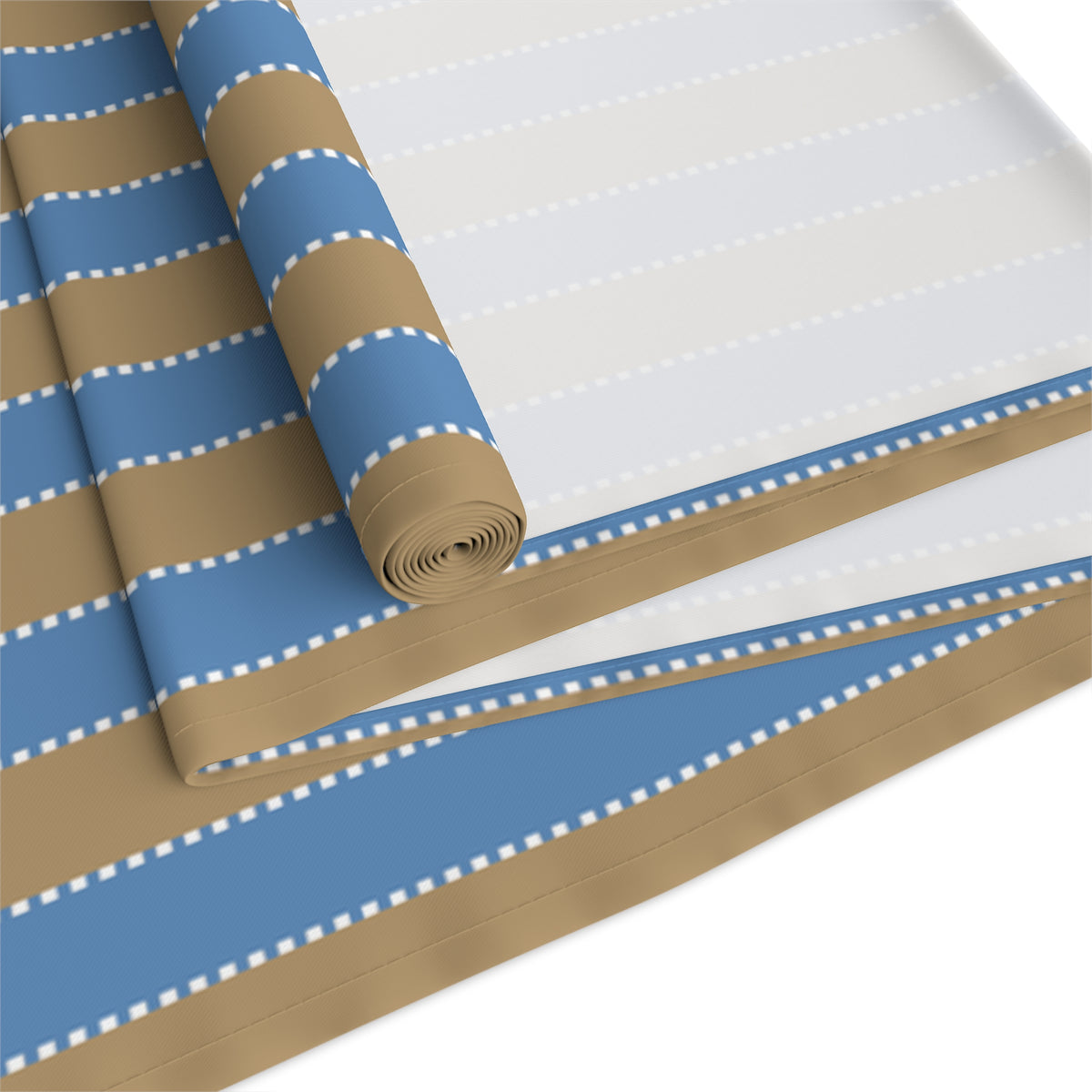 Blue & Sand Striped Table Runner – Coastal Farmhouse Cotton-Poly Blend