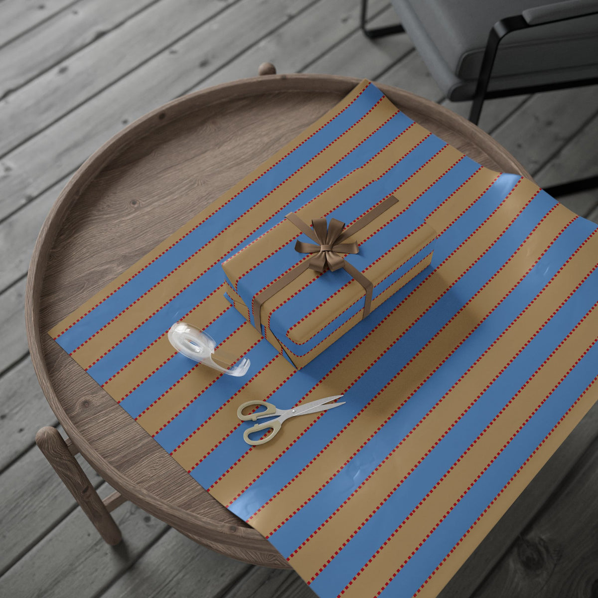 Christmas Stripe Wrapping Paper — BLUE + BROWN + RED Stitched Pattern
