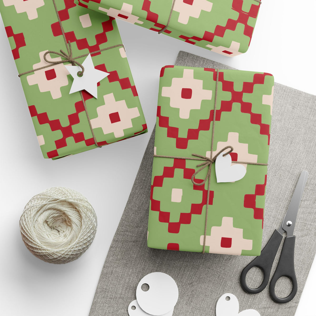 Christmas Stripe Wrapping Paper — GREEN + RED + LIGHT PINK Stitched Pattern