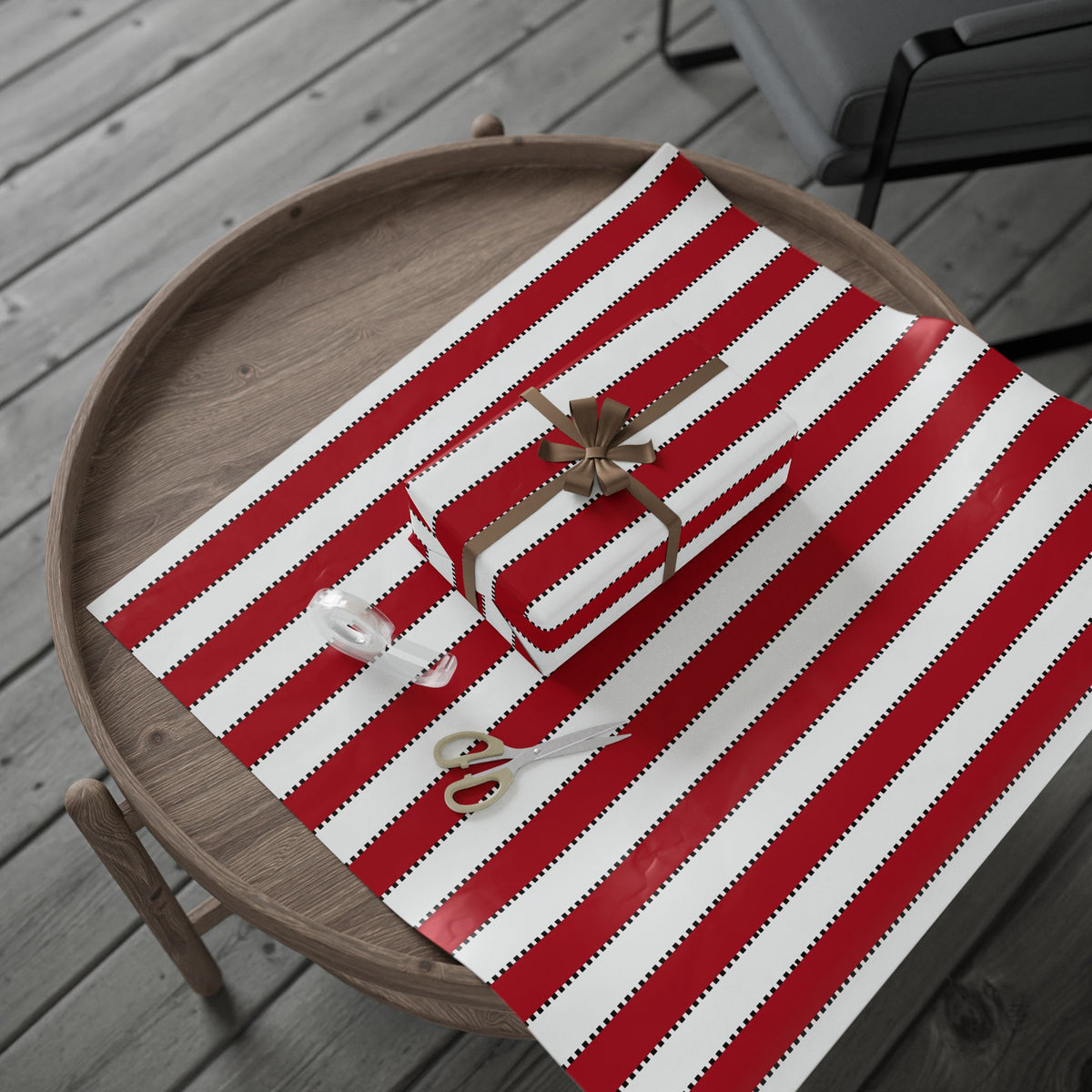 Christmas Stripe Wrapping Paper — WHITE + RED + BLACK Stitched Pattern