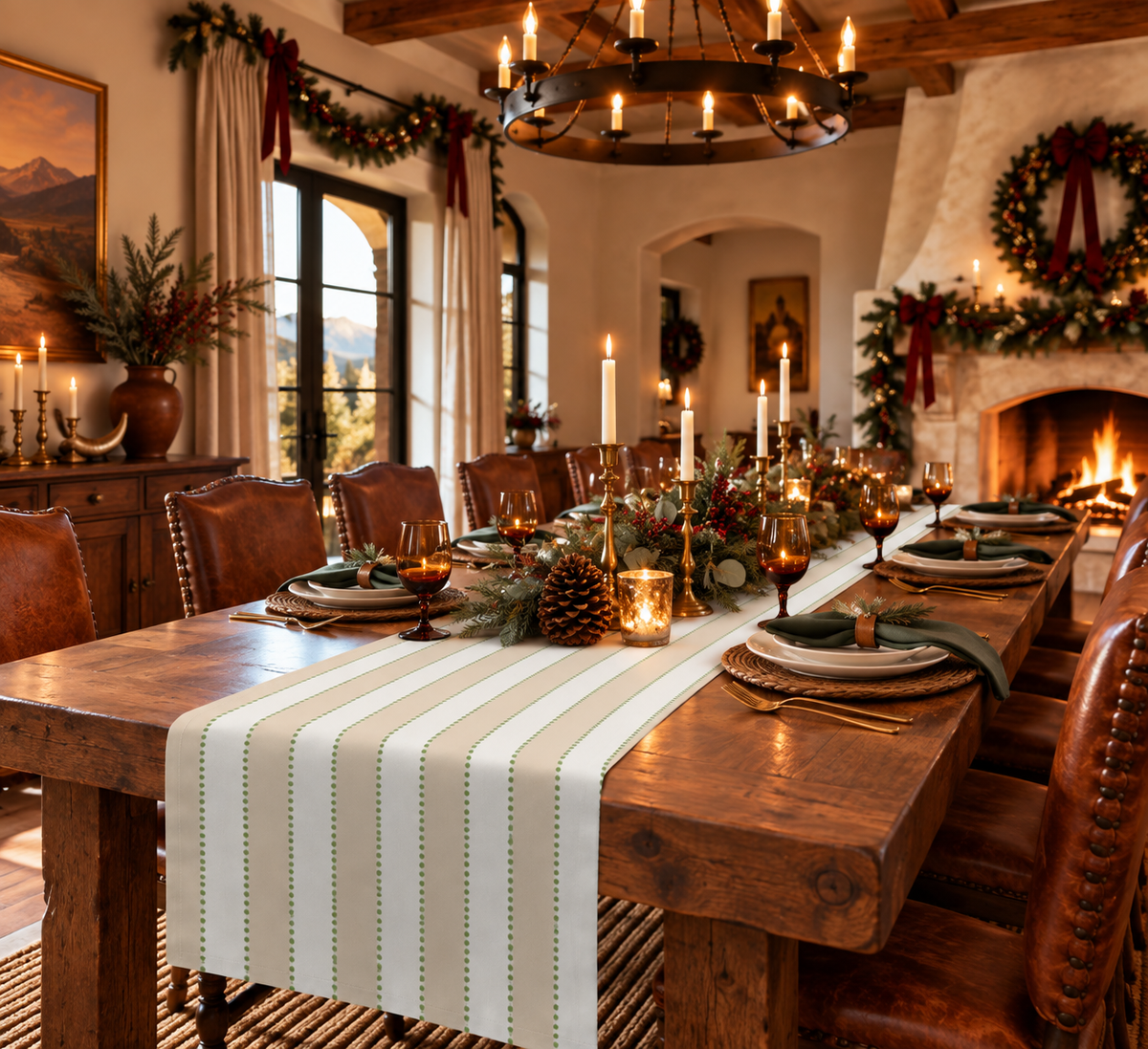 Beige, White + Green Stripe Table Runner