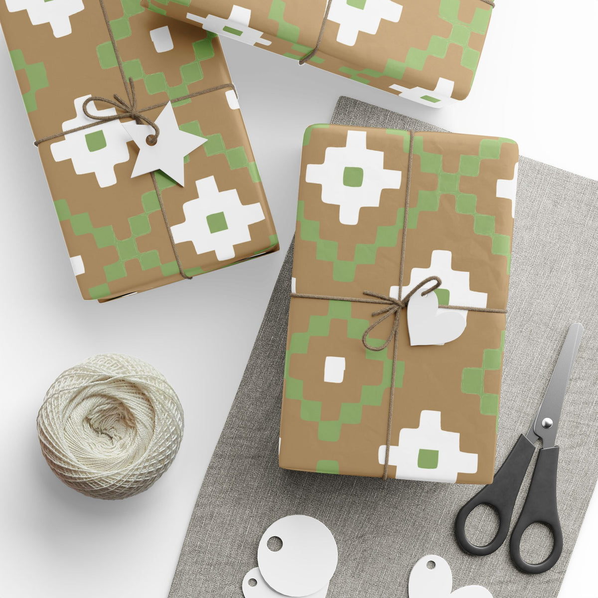 Christmas Stripe Wrapping Paper — TAN + GREEN + WHITE Stitched Pattern