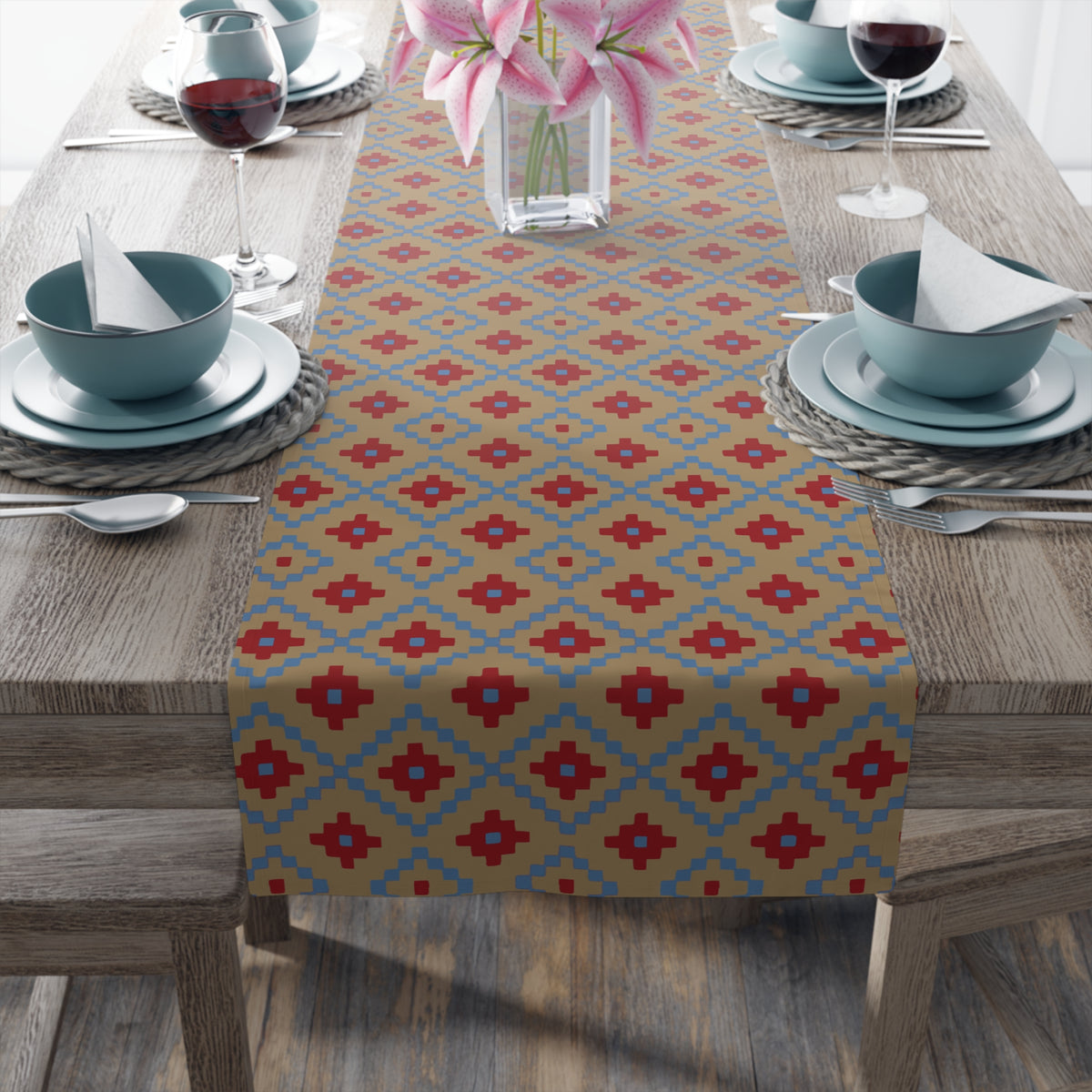 Tan, Red + Blue Southwest Table Runner