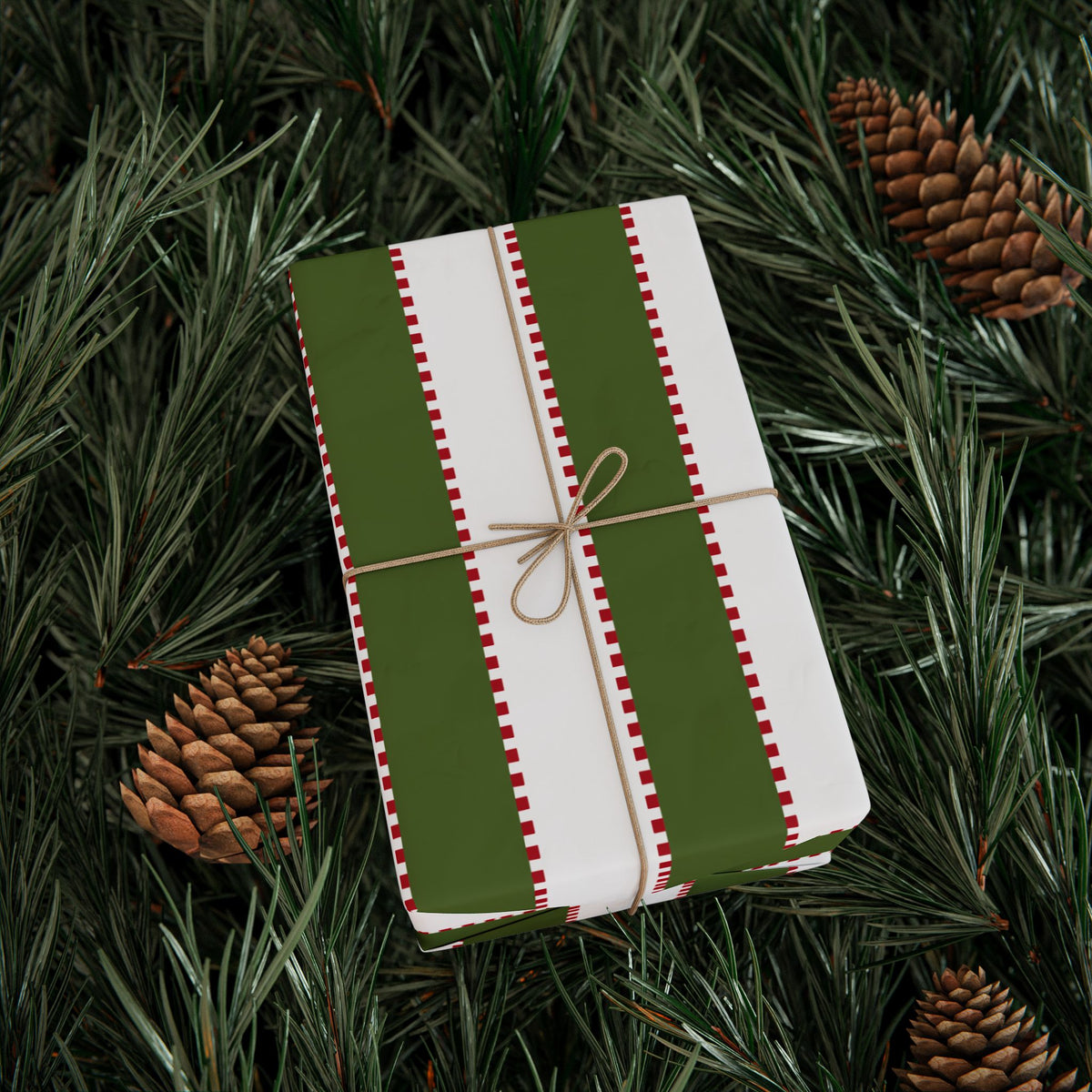 Christmas Stripe Wrapping Paper — WHITE + GREEN + RED Stitched Pattern