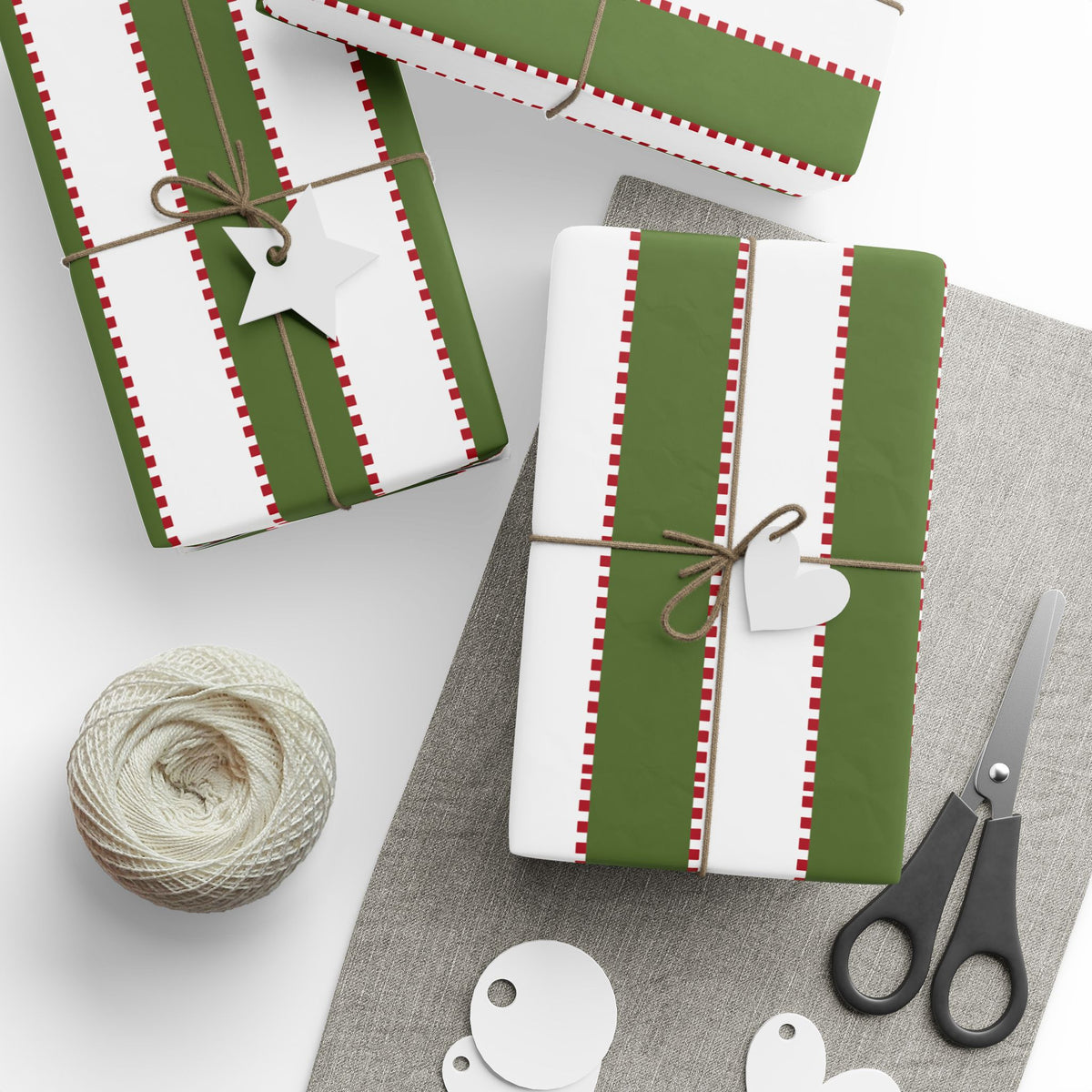 Christmas Stripe Wrapping Paper — WHITE + GREEN + RED Stitched Pattern