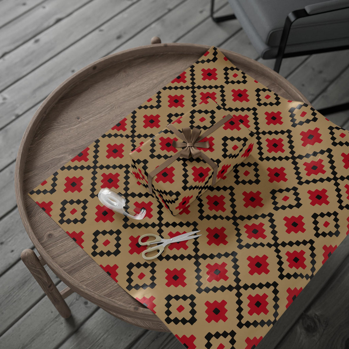 Christmas Stripe Wrapping Paper — TAN + RED + BLACK Stitched Pattern