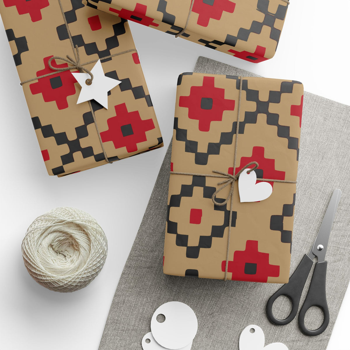 Christmas Stripe Wrapping Paper — TAN + RED + BLACK Stitched Pattern