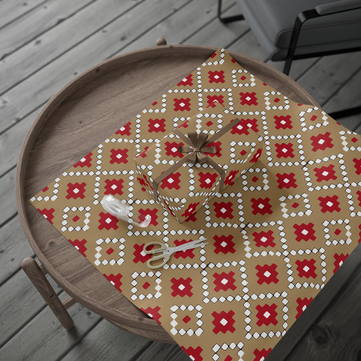 Christmas Stripe Wrapping Paper — TAN + RED + BLACK + WHITE Stitched Pattern