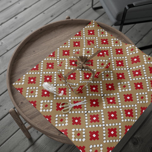 Christmas Stripe Wrapping Paper — TAN + RED + BLACK + WHITE Stitched Pattern