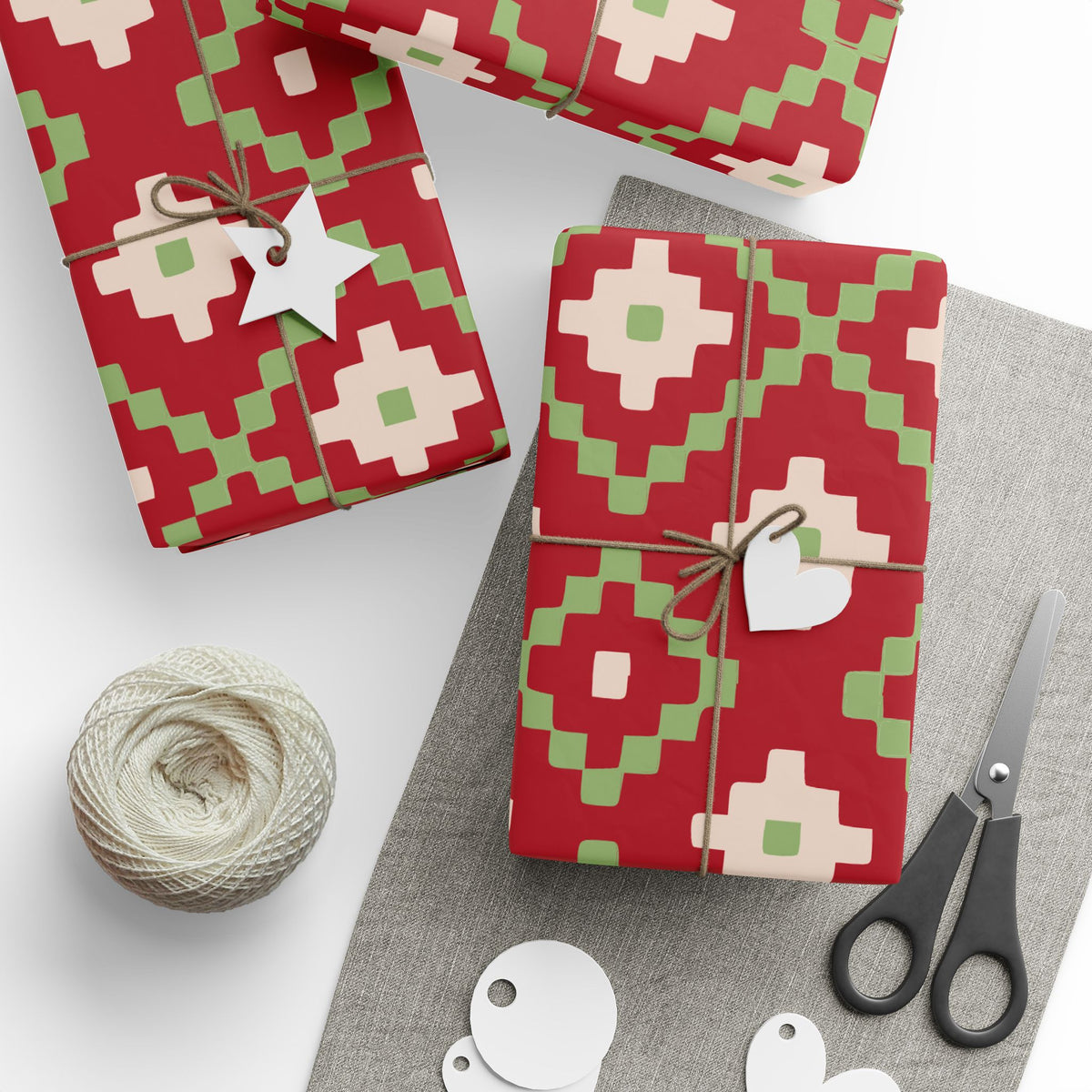 Christmas Stripe Wrapping Paper — RED + GREEN + LIGHT PINK Stitched Pattern