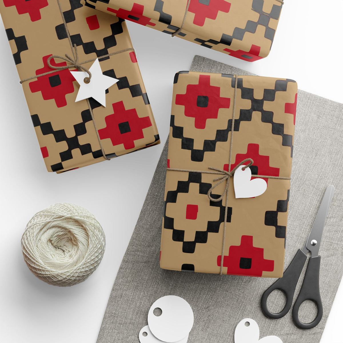 Christmas Stripe Wrapping Paper — TAN + RED + BLACK Stitched Pattern
