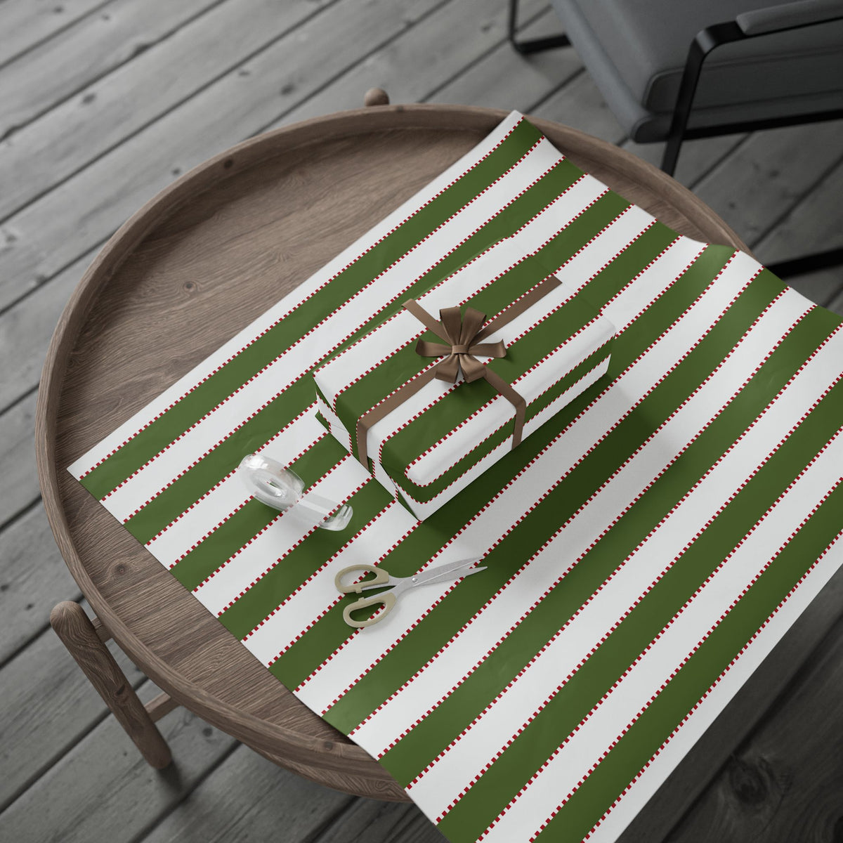 Christmas Stripe Wrapping Paper — WHITE + GREEN + RED Stitched Pattern
