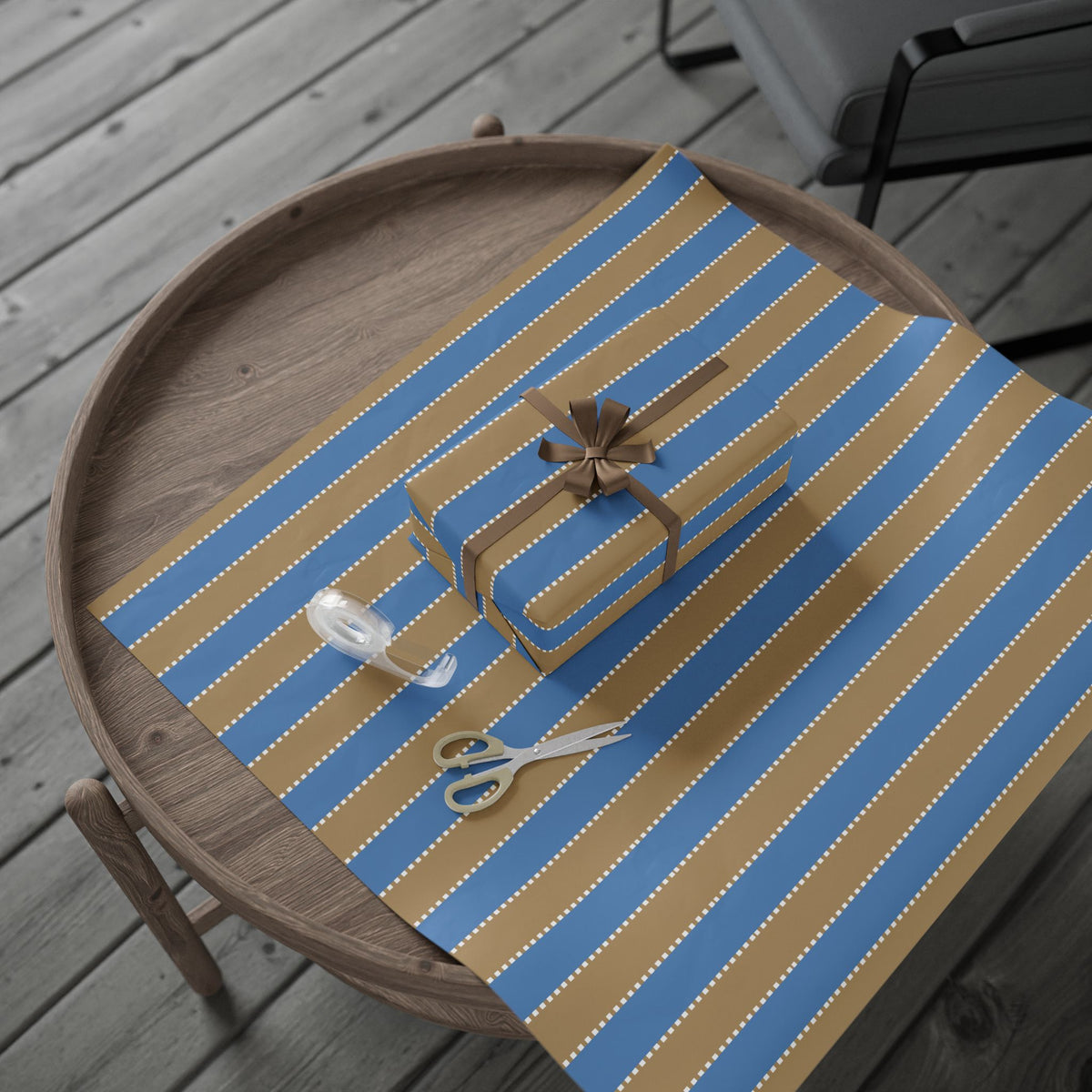 Christmas Stripe Wrapping Paper — BLUE + BROWN + WHITE Stitched Pattern