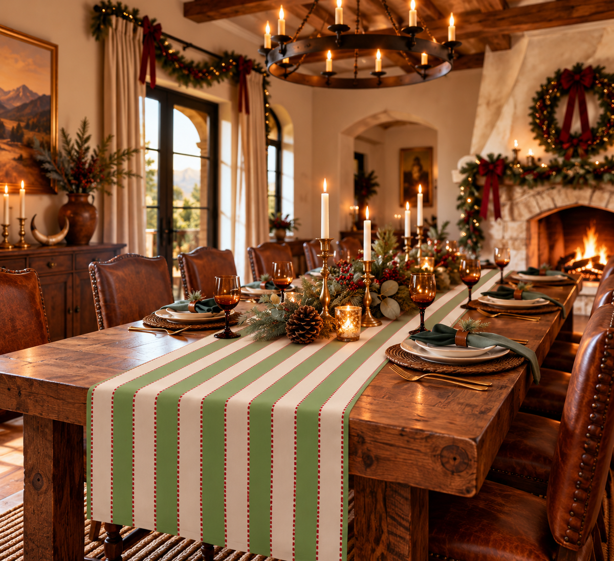 Red, Green + Blush Stripe Table Runner