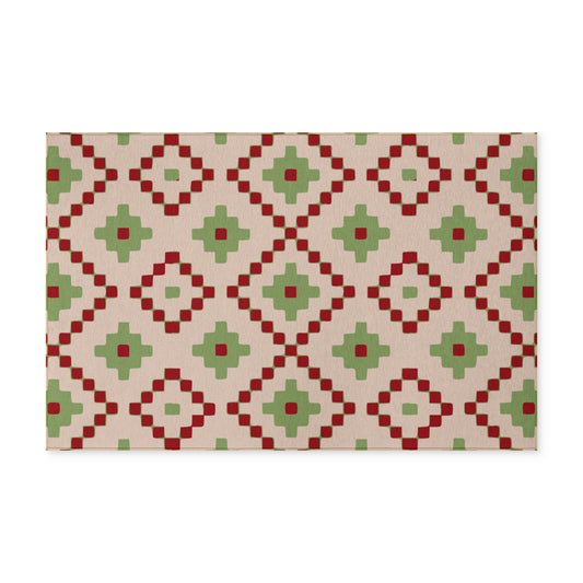 CHRISTMAS - Geometric- Washable Rug - Blush/ Light Pink + Red + Olive Green