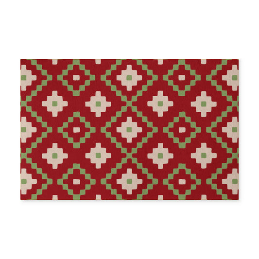 CHRISTMAS - Geometric- Washable Rug - Red + Olive Green