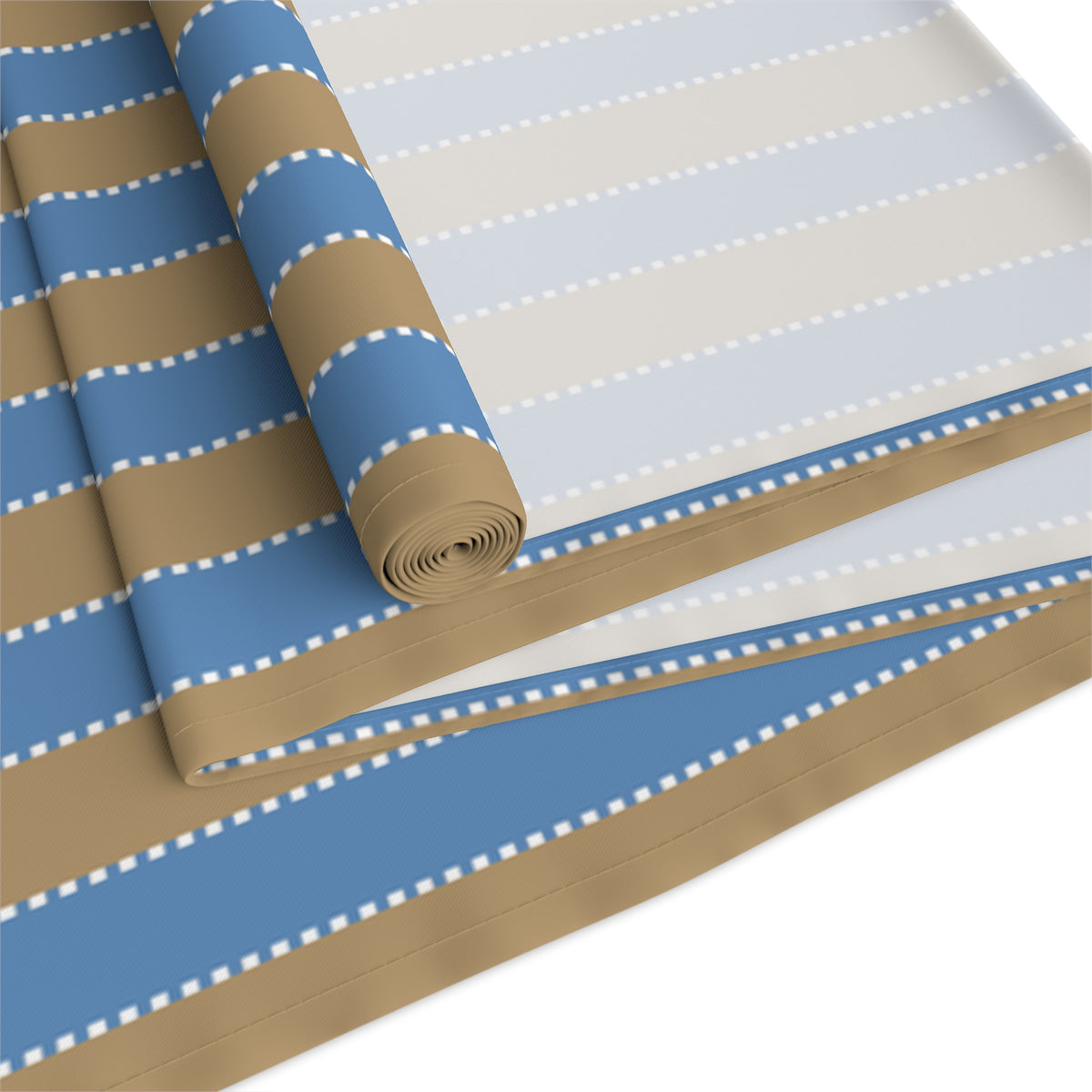 Blue & Sand Striped Table Runner – Coastal Farmhouse Cotton-Poly Blend