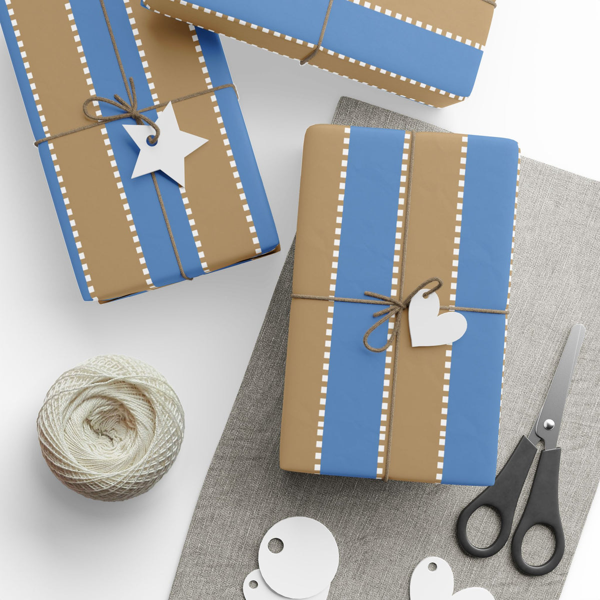 Christmas Stripe Wrapping Paper — BLUE + BROWN + WHITE Stitched Pattern