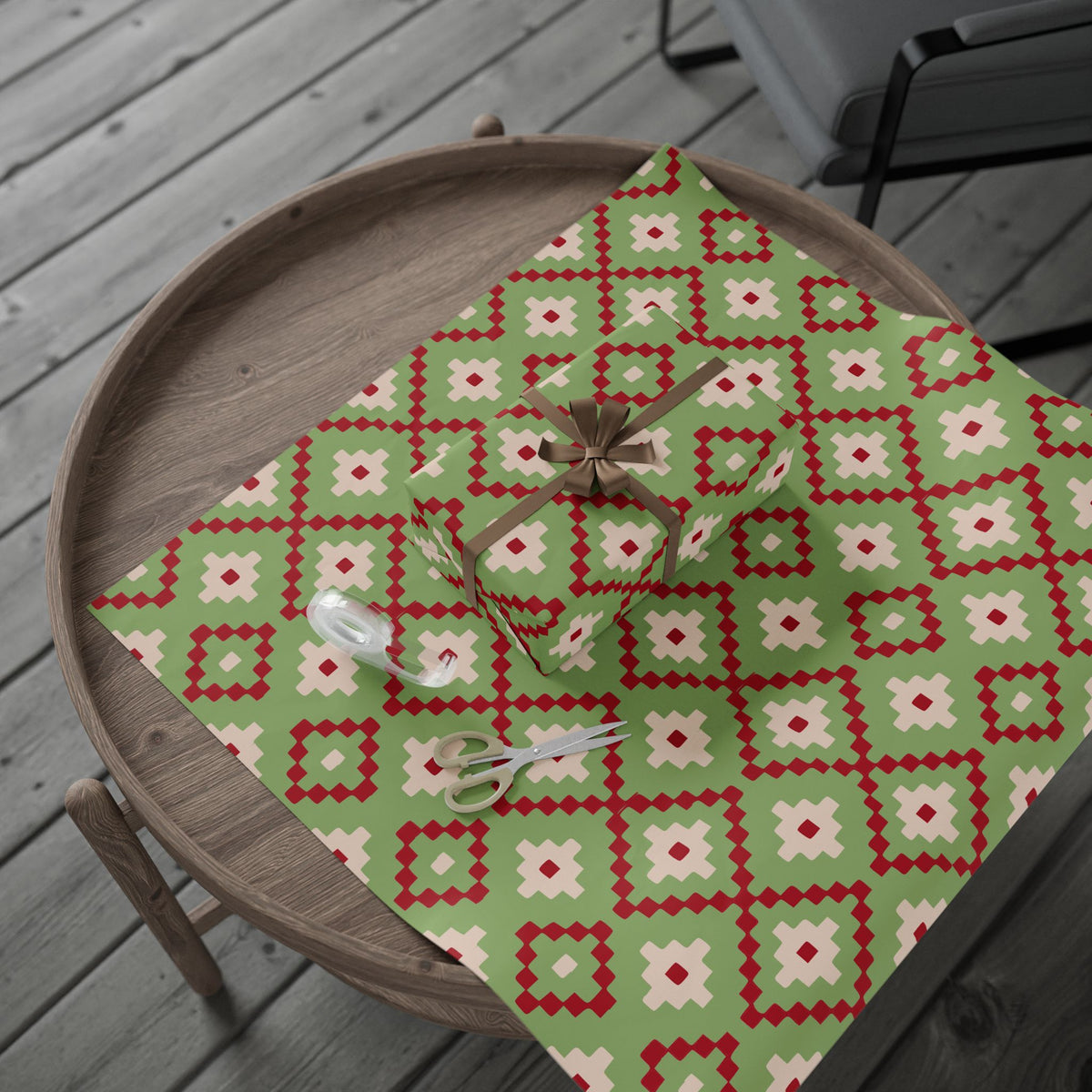 Christmas Stripe Wrapping Paper — GREEN + RED + LIGHT PINK Stitched Pattern