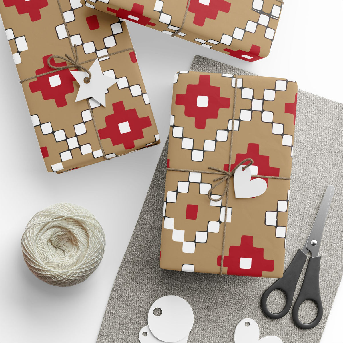 Christmas Stripe Wrapping Paper — TAN + RED + BLACK + WHITE Stitched Pattern