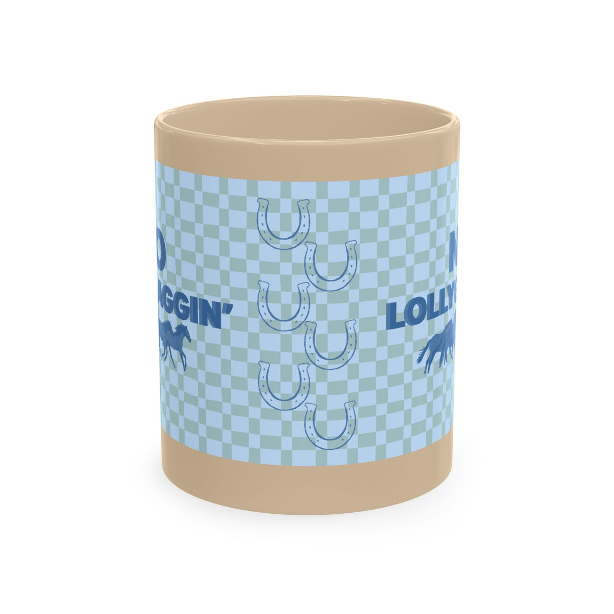 Horse Lover Ceramic Mug - "No Lollygaggin'" Blue Check Horses Design