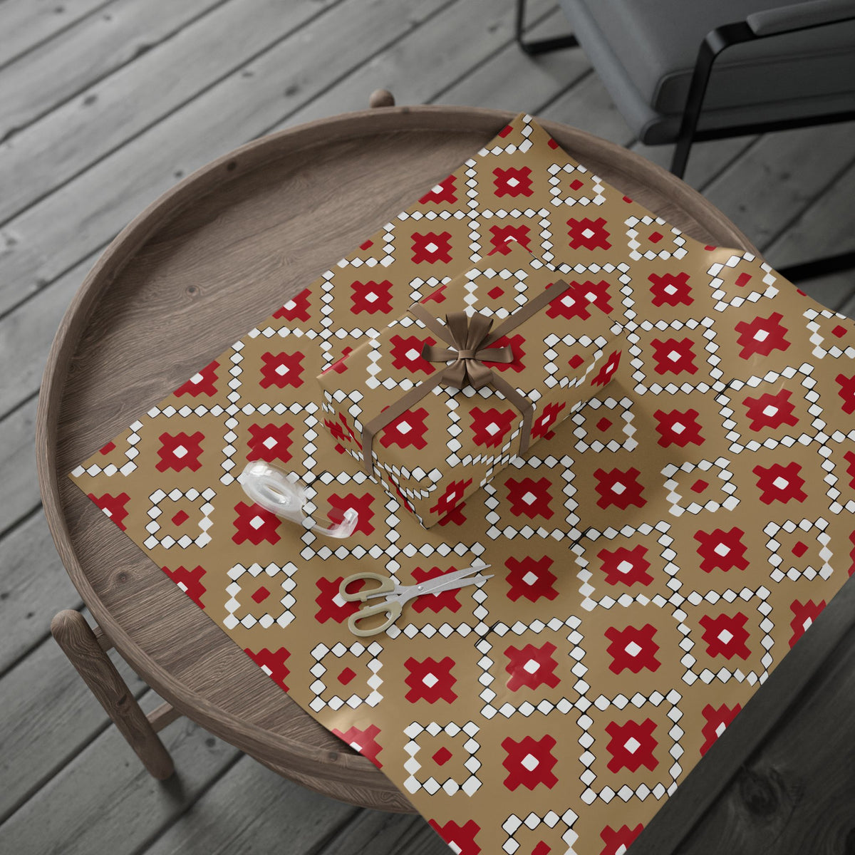Christmas Stripe Wrapping Paper — TAN + RED + BLACK + WHITE Stitched Pattern