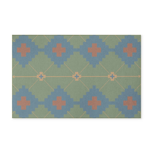 Denim Blue + Moss Green + Terracotta Orange + Mustard Yellow - Indoor/ Outdoor Washable Rug