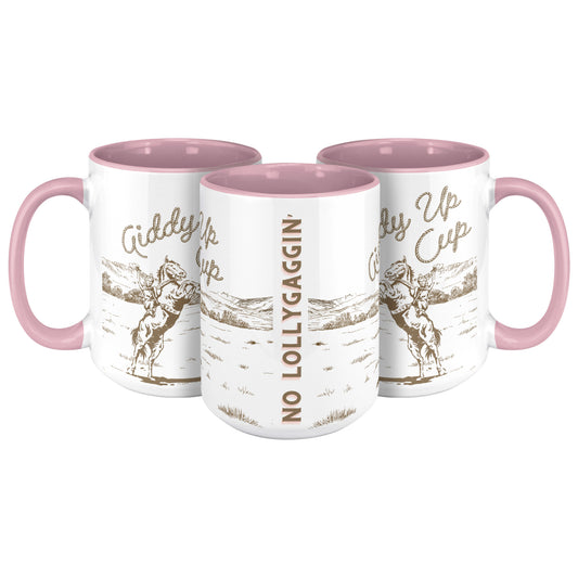 GIDDY UP CUP- PINK HANDLE - TAN + PINK ART