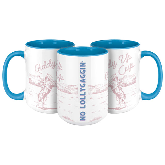 GIDDY UP CUP - BLUE HANDLE- PINK + BLUE ART