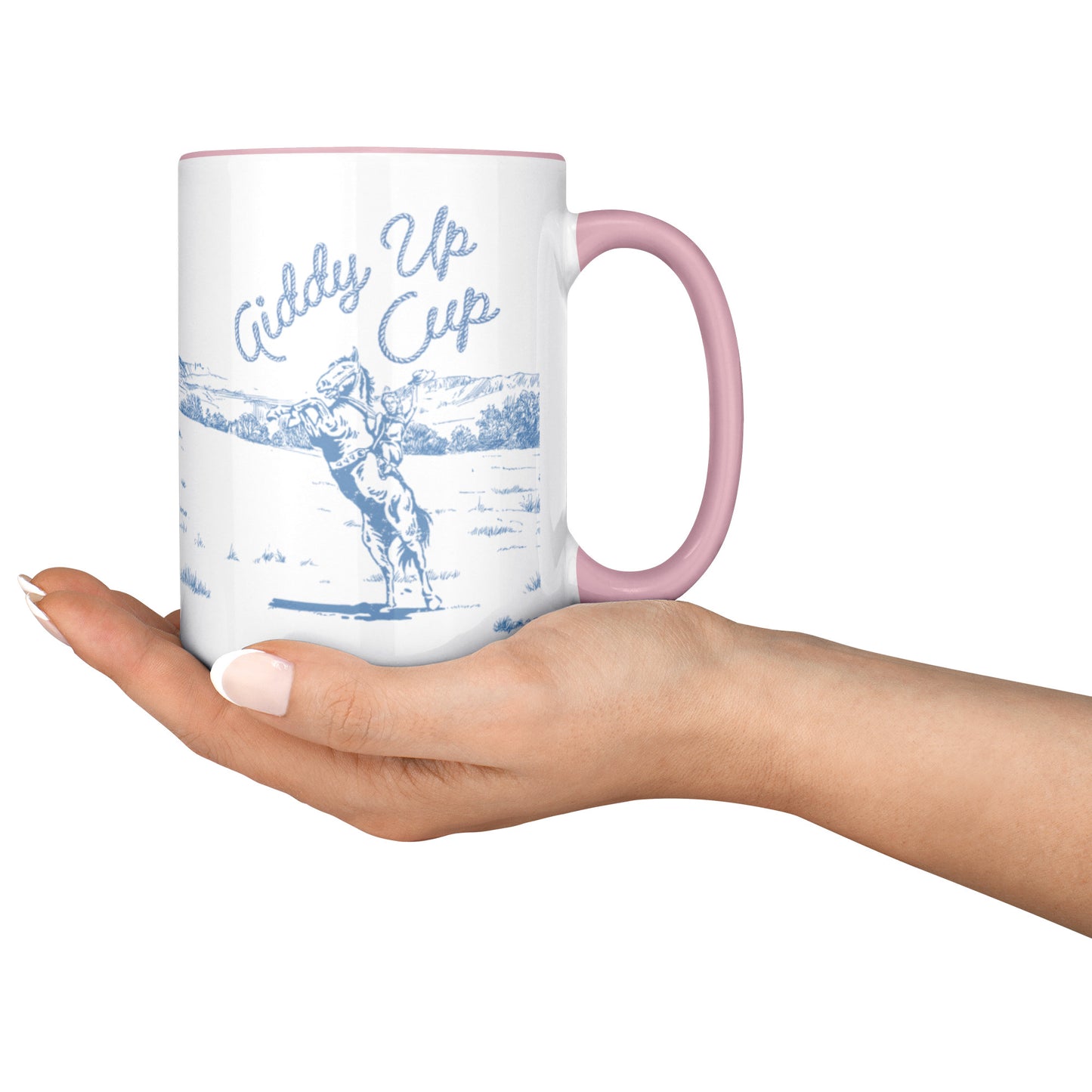 GIDDY UP CUP - PINK handle-- BLUE + PURPLE DESIGN