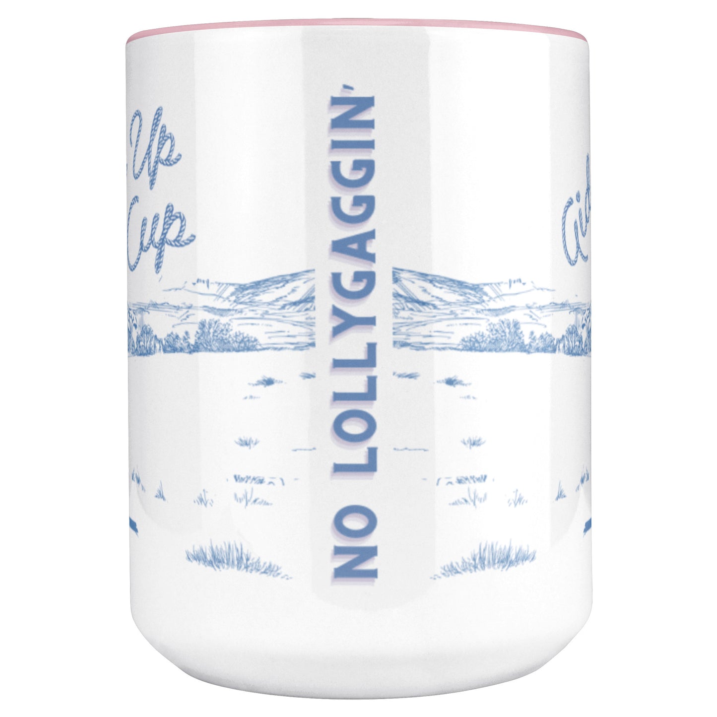 GIDDY UP CUP - PINK handle-- BLUE + PURPLE DESIGN