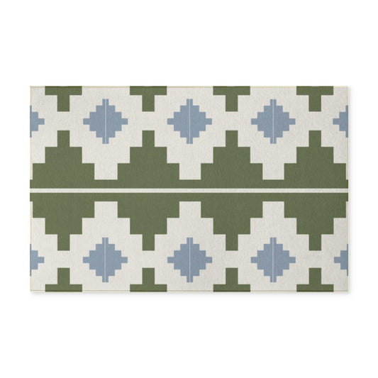 Moss Green + Slate Blue + Off White - Indoor/ Outdoor Washable Rug