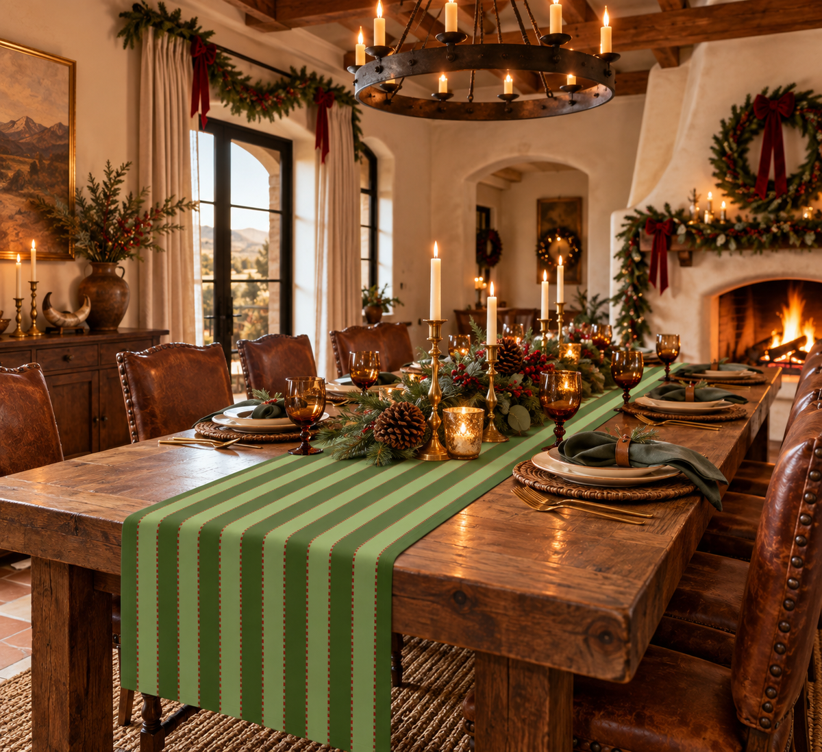 Olive Green, Sage Green+ Red Stripe Table Runner