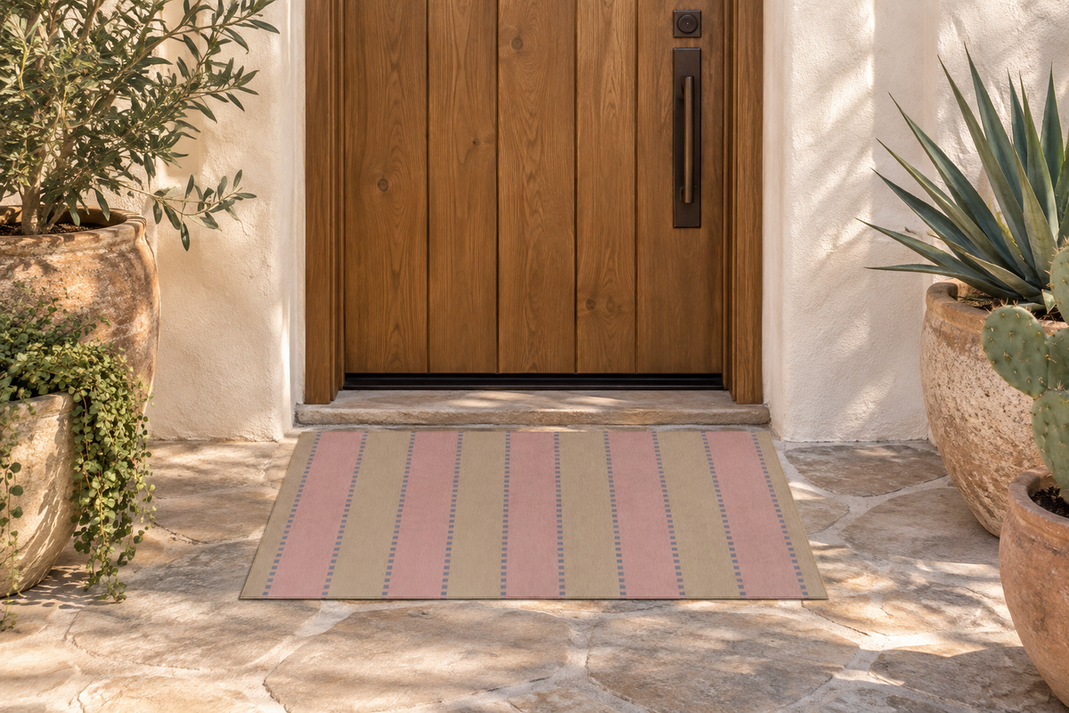 Salmon Pink + Beige + Slate Blue - Washable Rug - Indoor/Outdoor