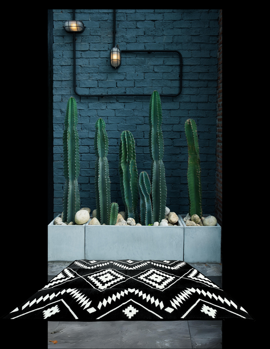 A large, flatweave outdoor rug with a geometric pattern displayed in an industrial setting, featuring cacti in the background.