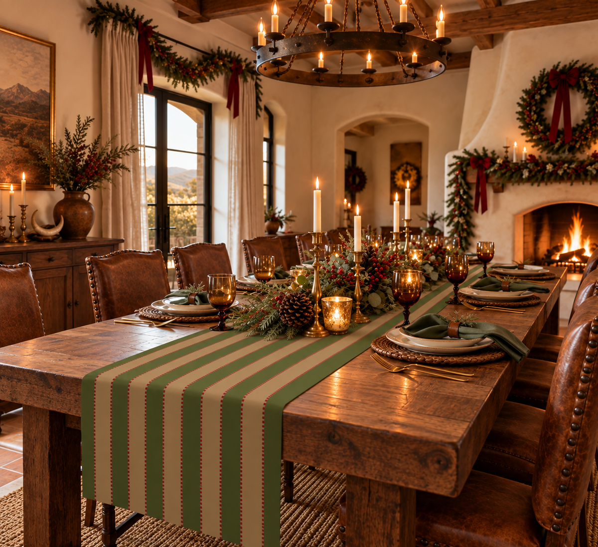 Olive Green, Tan + Red Stripe Table Runner