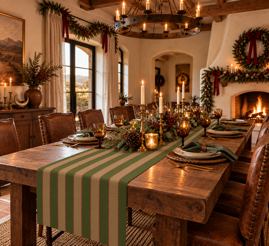 Olive Green, Tan + Red Stripe Table Runner